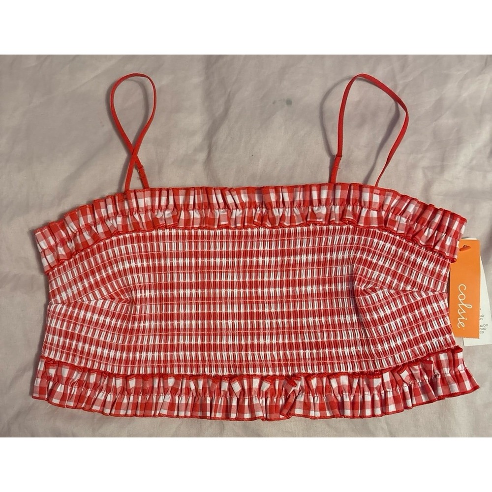 NEW Colsie Red Gingham Ruched Bandeau Bralette, XL‎